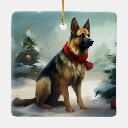 Deutscher Schäferhund zu Weihnachten im Schnee Keramikornament (Rückseite)