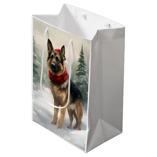 Deutscher Schäferhund zu Weihnachten im Schnee Mittlere Geschenktüte (Vorderseite Schrägansicht)