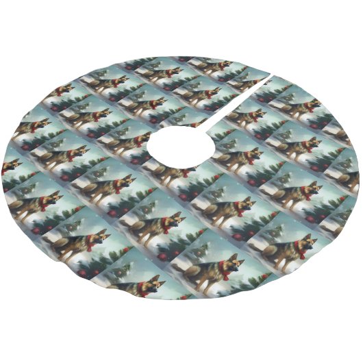 Deutscher Schäferhund zu Weihnachten im Schnee Polyester Weihnachtsbaumdecke (Schrägansicht)