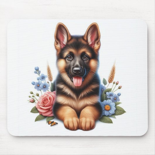 Deutscher Schäferpuppy mit Blume Mousepad (Vorne)