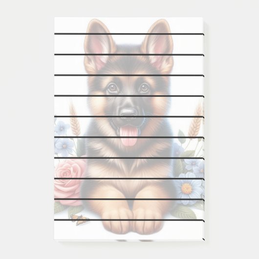 Deutscher Schäferpuppy mit Blume Post-it Klebezettel (Vorderseite)