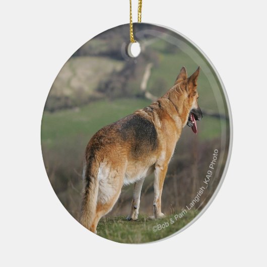 Deutscher Shephard, das hinunter Hügel schaut Keramikornament (Links)