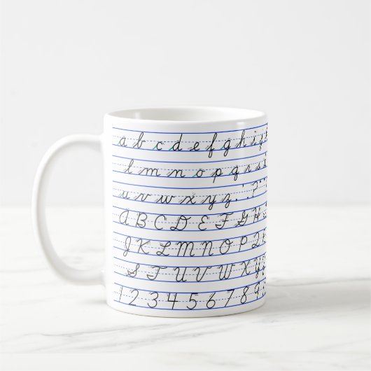 Deutsches Alphabet Diagramm in Kursivschrift Kaffeetasse (Links)