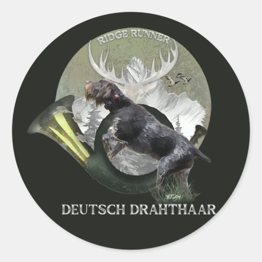 Deutsches Drahthaar Pointer, Jagdlogo Runder Aufkleber (Vorderseite)