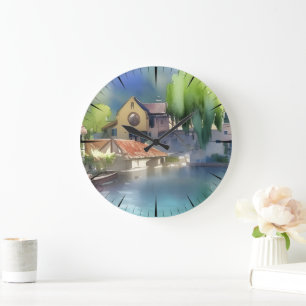 Deutsches Flussdorf Aquarell Große Wanduhr