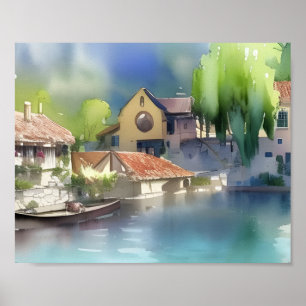 Deutsches Flussdorf Aquarell Poster