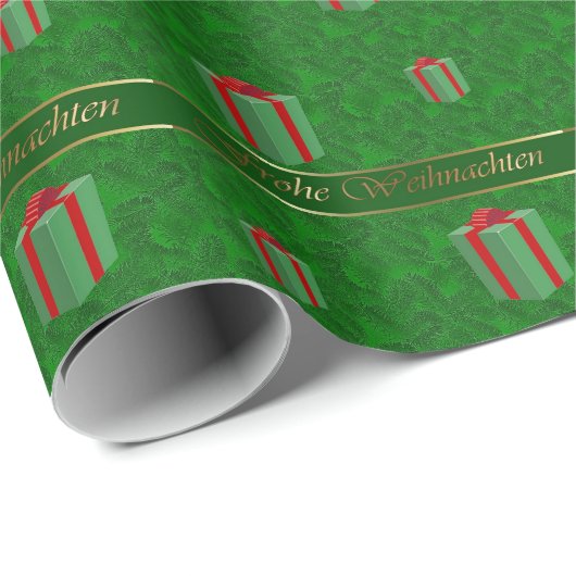 Deutsches Weihnachtsgeschenk verpackt grünes Geschenkpapier (Rolleneckpunkt)