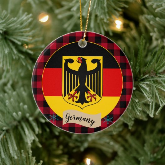 Deutschland, Roter Büffel, karierte und deutsche F Keramik Ornament (Baum)