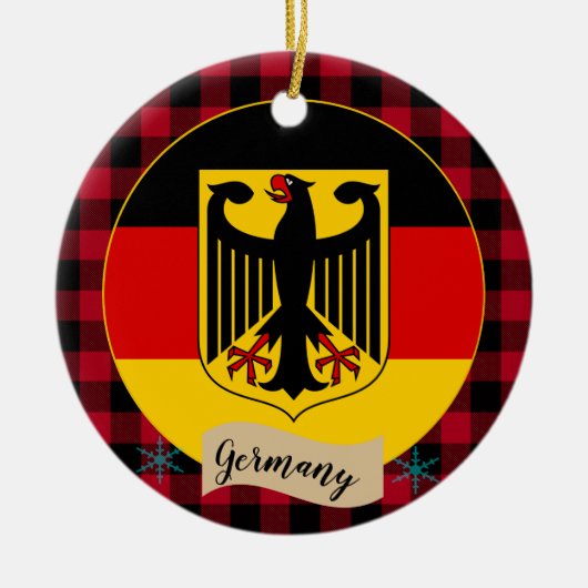 Deutschland, Roter Büffel, karierte und deutsche F Keramik Ornament (Vorne)