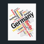 Deutschland - Städte in Landkarte Postkarte<br><div class="desc">Deutschland kartographiert und beherrscht mit Wörtern größere Städte. Die Silhouette der deutschen Landkarte und Textgestaltung von Großstädten wie Berlin,  Hamburg,  Münichen,  Köln,  Frankfurt,  Stuttgart,  Düsseldorf,  Dortmund,  Essen,  Leipzig und vieles mehr. Gutes Geschenk für alle deutschen Fans und Reisende.</div>