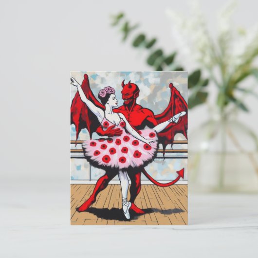 Devil Dances Mit Ballerina in einem Mohnkleid Postkarte (Stehend Vorderseite)