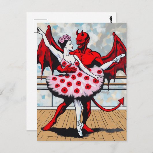 Devil Dances Mit Ballerina in einem Mohnkleid Postkarte (Vorne/Hinten)