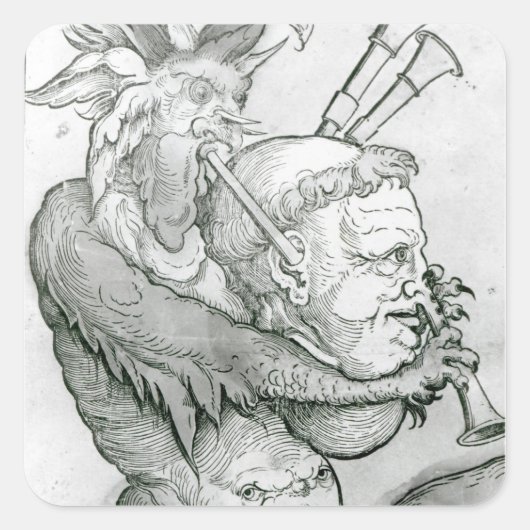 Devil Playing Man's Head als Saxophon, 1144 Quadratischer Aufkleber (Vorderseite)