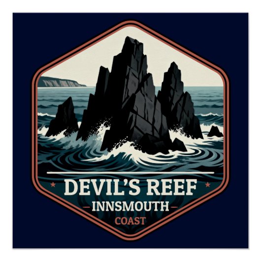 Devil’s Reef Innsmouth Küste Vintage Reiseabzeiche Poster (Vorderseite)