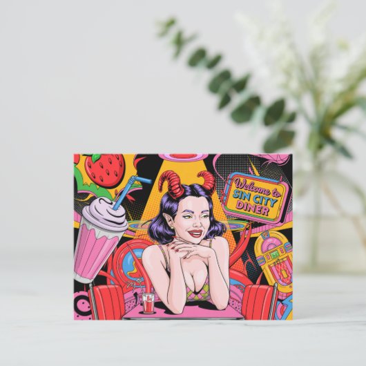 Devilish Woman im Retro Diner Comic Book Postkarte (Stehend Vorderseite)