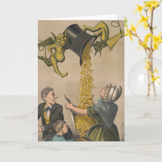 Devils, die Goldmünzen in die Schürze der Frau gie Karte (Gelbe Blume)