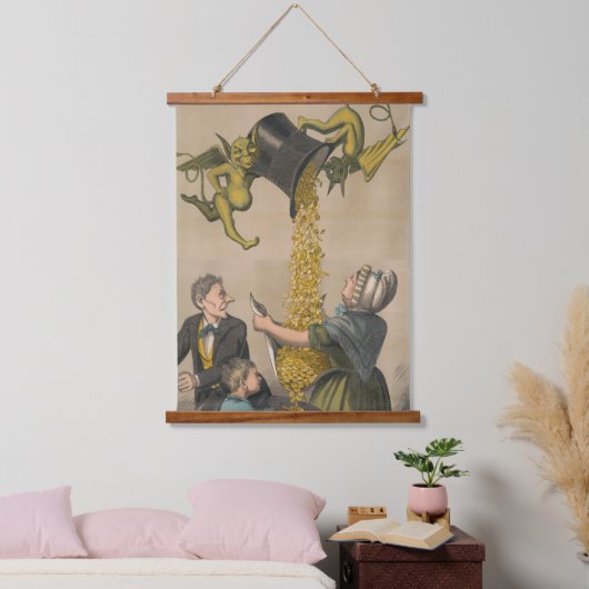 Devils, die Goldmünzen in die Schürze der Frau gie Wandteppich Mit Holzrahmen (Schlafzimmer)