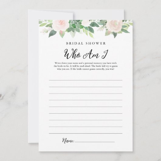 DEVON Greenery Who I Brautparty Game Card Einladung (Vorderseite)