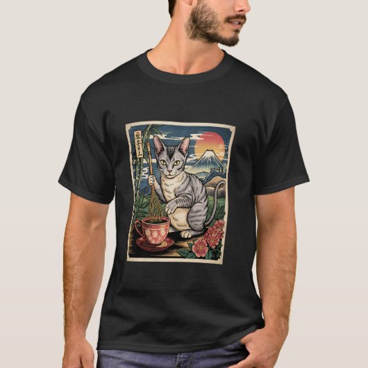 Devon Rex Cat Making Tea Mt Fuji Japanese Ukiyo Wo T-Shirt (Vorderseite)