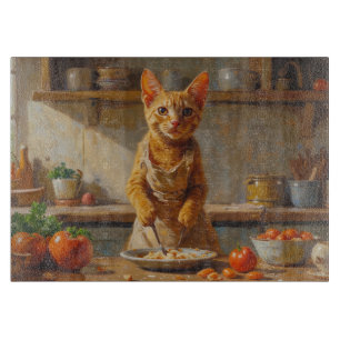 Devon Rex Katze kocht in der Küche Schneidebrett
