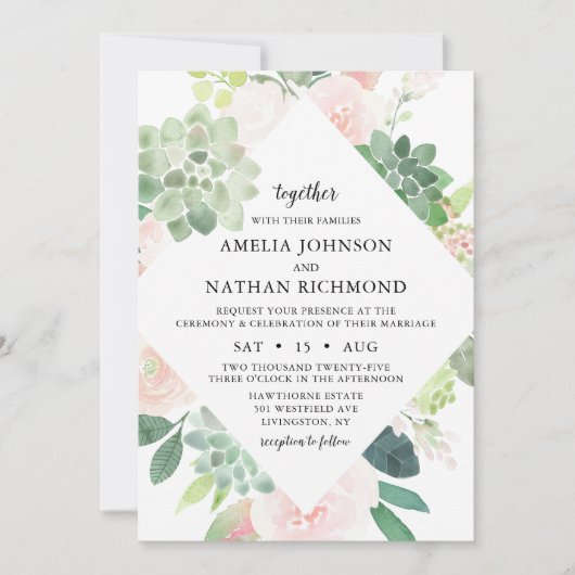 DEVON Succulent & Blush Florals Weditation Einladung (Vorderseite)