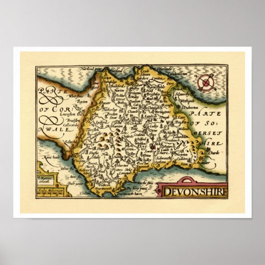 Devonshire Devon Landkreis Map, England Poster (Vorne)