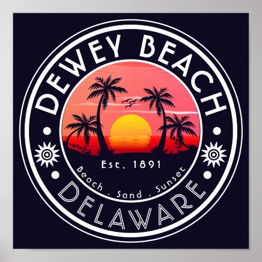Dewey Beach Delaware Sunset Beach Palm Tree 80er Poster (Vorne)