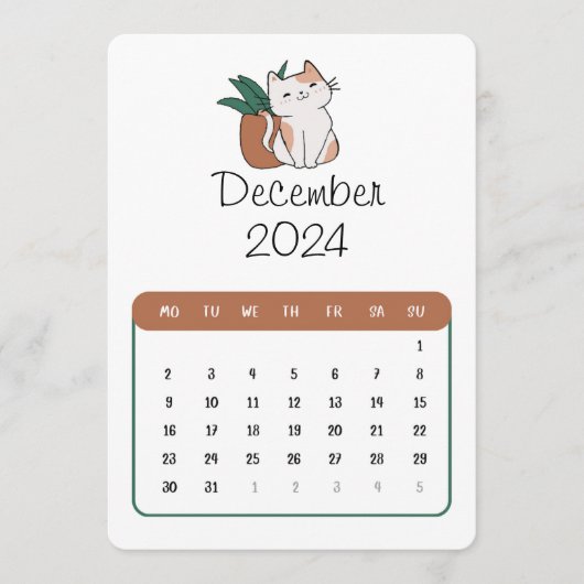 Dezember 2024 Stand Alone Cat and Pflanze Kalender Menükarte (Vorderseite)