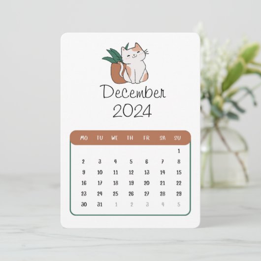 Dezember 2024 Stand Alone Cat and Pflanze Kalender Menükarte (Stehend Vorderseite)