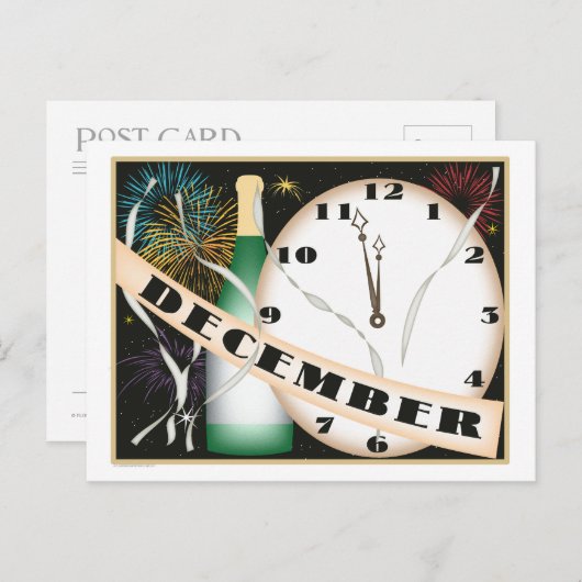 Dezember Art Deco Champagner und Feuerwerk Postkarte (Vorne/Hinten)