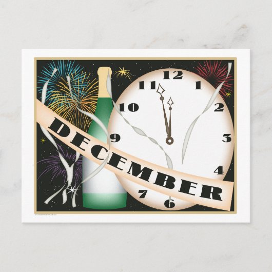 Dezember Art Deco Champagner und Feuerwerk Postkarte (Vorderseite)