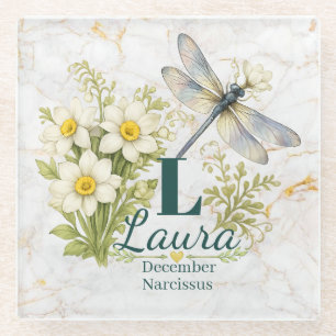 Dezember-Geburtsblume Narzisse & Libelle Glasuntersetzer