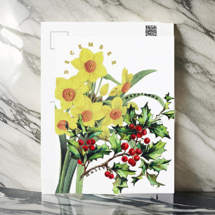 Dezember-Monatsblumen Narzisse & Stechpalme Postkarte