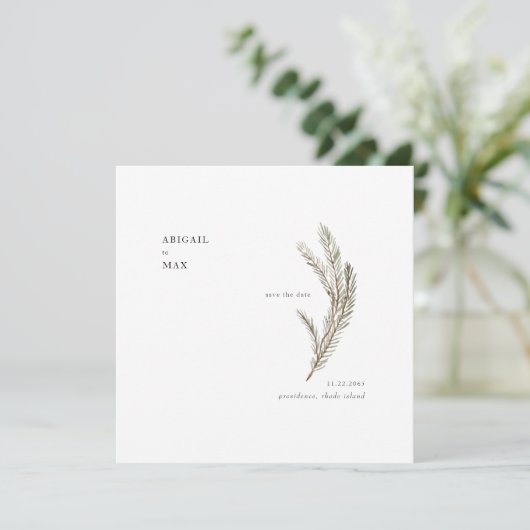 Dezember Pine Foliage Square Wedding Save the Date (Stehend Vorderseite)
