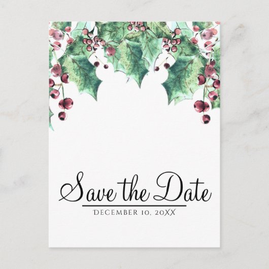Dezember Winter Wedding Holly Berry Save the Date Ankündigungspostkarte (Vorderseite)