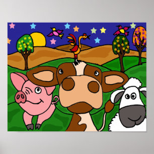 DH - Funny Folk Art Barnyard Animals Poster