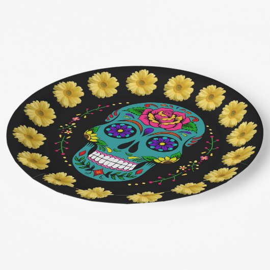 Dia de los Muertos Aquamarin Sugar Skull & Daisies Pappteller (Schrägansicht)