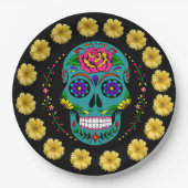 Dia de los Muertos Aquamarin Sugar Skull & Daisies Pappteller (Vorderseite)