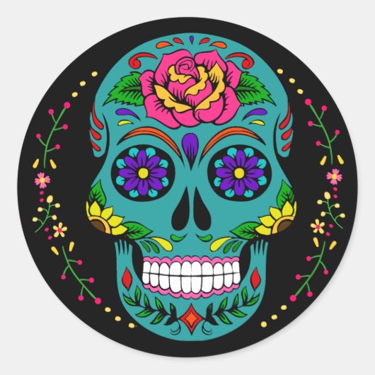 Día de los Muertos Aquamarin Sugar Skull Halloween Runder Aufkleber (Vorderseite)