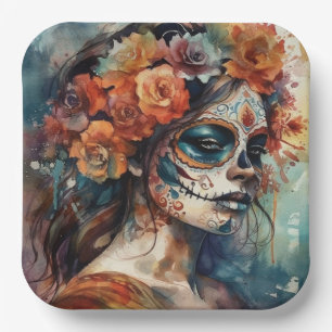 Dia de los Muertos Aquarellbild Pappteller