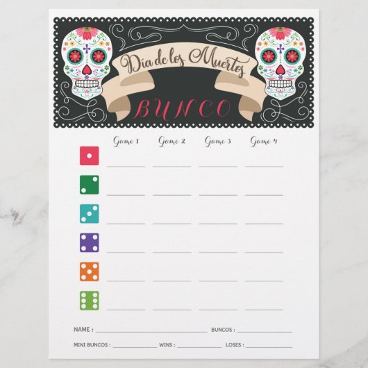 Dia De Los Muertos Bunco Game Score Card (Vorderseite)