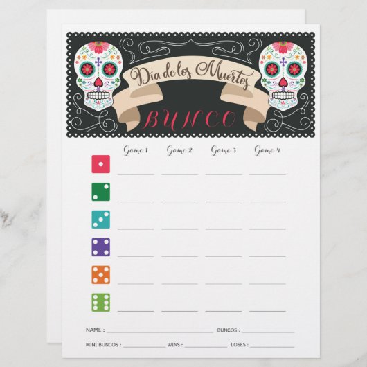 Dia De Los Muertos Bunco Game Score Card (Vorne/Hinten)