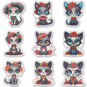 Dia de Los Muertos Cat Stickers - Set von 9 Aufkleber
