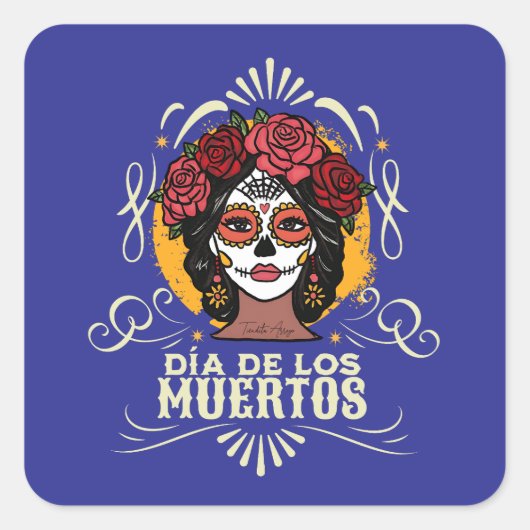 Día de los Muertos Catrina con Rosas Quadratischer Aufkleber (Vorderseite)