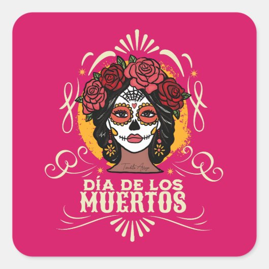 Día de los Muertos Catrina con Rosas Quadratischer Aufkleber (Vorderseite)