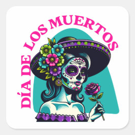 Día de los Muertos Catrina Rose Pop Art Quadratischer Aufkleber