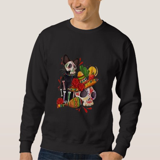 Dia De los Muertos Day of The Dead Skull Black Cat Sweatshirt (Vorderseite)