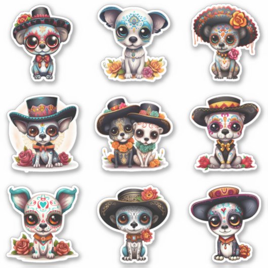 Dia de Los Muertos Dog Stickers - Set von 9 Aufkleber (Vorderseite)