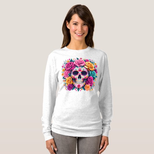 Día de los Muertos Floral Sugar Skull Art T-Shirt (Vorne ganz)