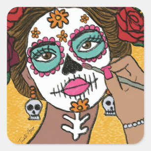 Dia de los Muertos Florales Make-up Quadratischer Aufkleber